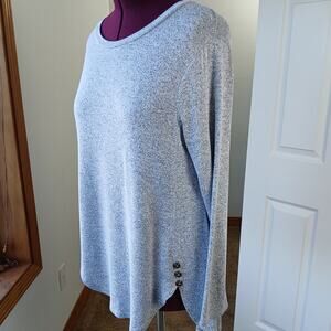 Misia Sweater Tunic Blouse XL blue-grey heather button detail long sleeve scoop